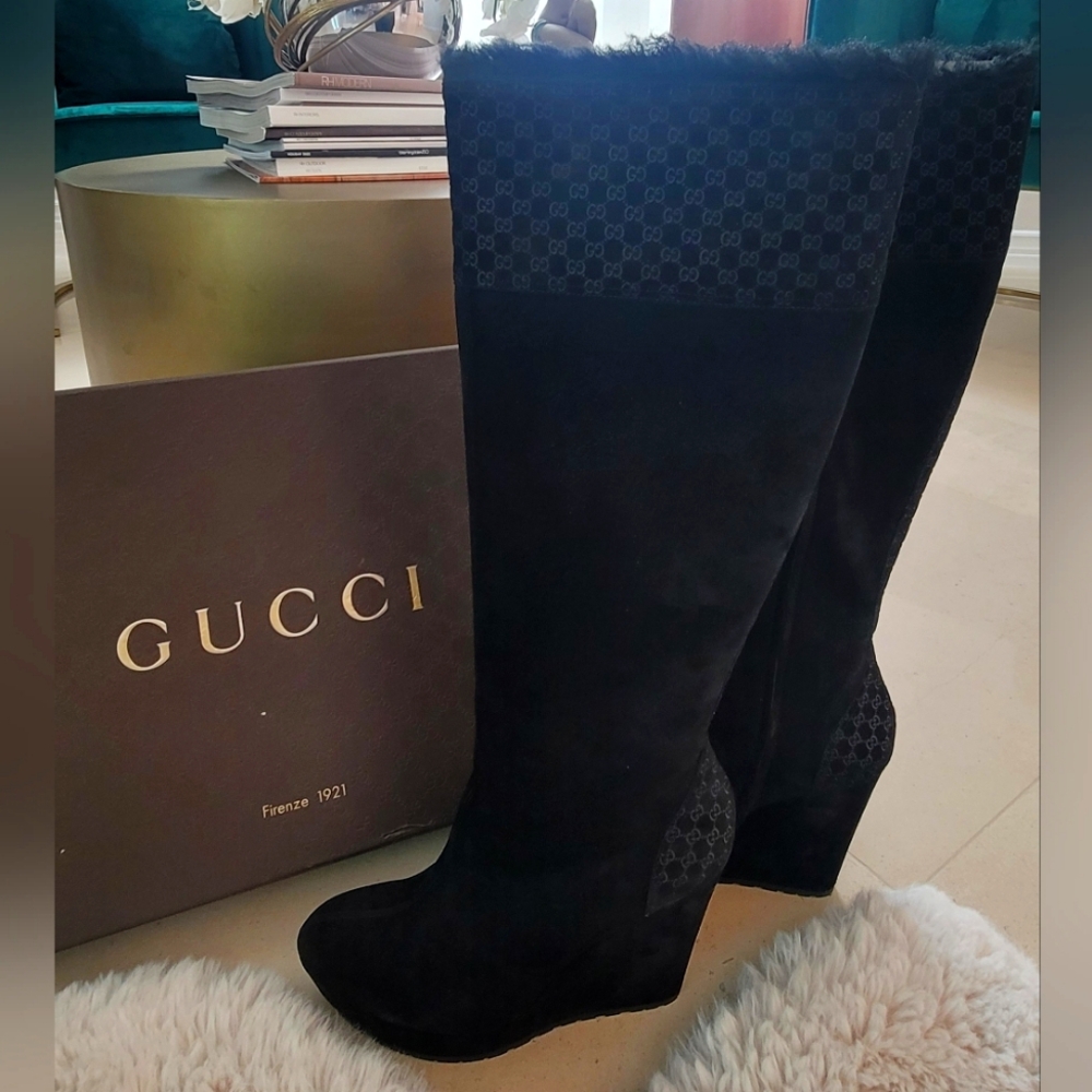 Gucci Courtney Shearling Suede Wedge Boots